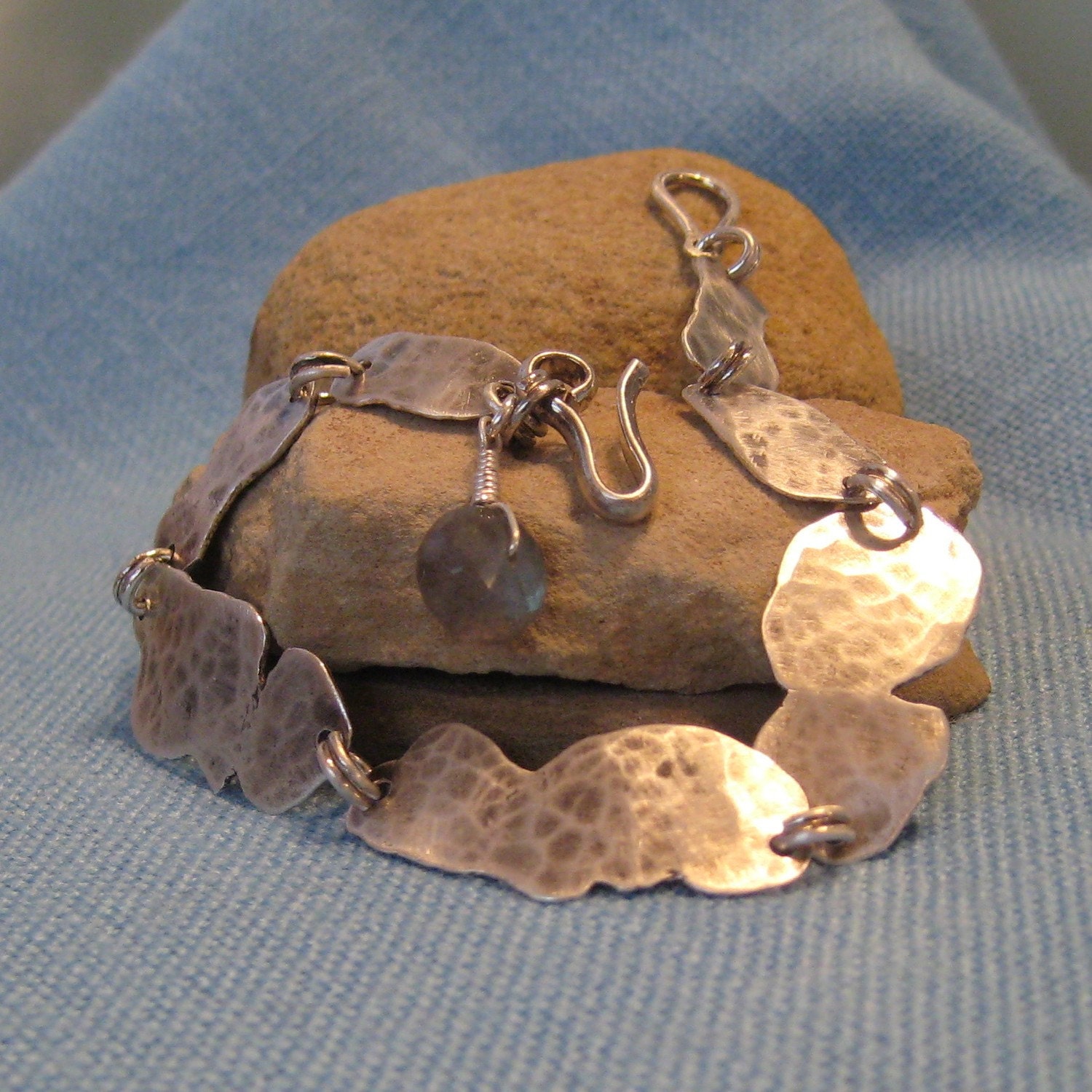 Silver Tab Bracelet Asymmetric Link Bracelet Blue Labradorite Bracelet Recycled Freeform Hammered Distressed Oxidized OOAK JJDLJewelryArt
