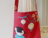 Hands Free Bag Slouchy Designer Tote Kokeshi Doll with Cherry Blossoms  by MyStudio on Etsy