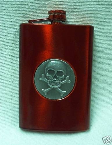 NEW 8-oz Metallic Red Skull and Crossbones Emblem Stainless Steel Whiskey Flask With FREE Custom Lasering and In-country Shipping