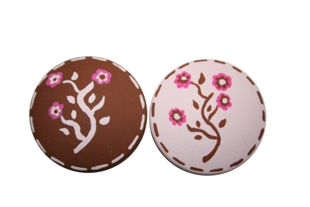 Hand Painted Pink and Brown Flower Knobs