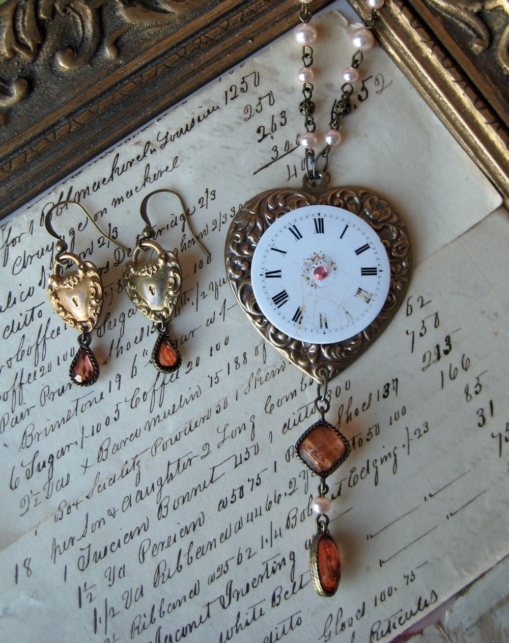 20% off EVERYTHING 2 for the price of 1 necklace & earrings RARE Steampunk hand painted porcelain pocket watch face NECKLACE and Earrings