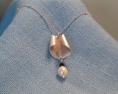 White Pearl Wedding Necklace Black Onyx Necklace Silver Calla Lilly Necklace Black and White Necklace Recycled Freeform OOAK JJDLJewelryArt