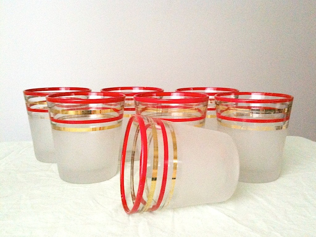 Cocktail Glasses, Frosted with Red and Gold Stripes, Set of 7