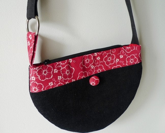 Handmade Shoulder Bag Designer Purse Half Moon Black Corduroy Red Cherry Blossom by MyStudio on Etsy