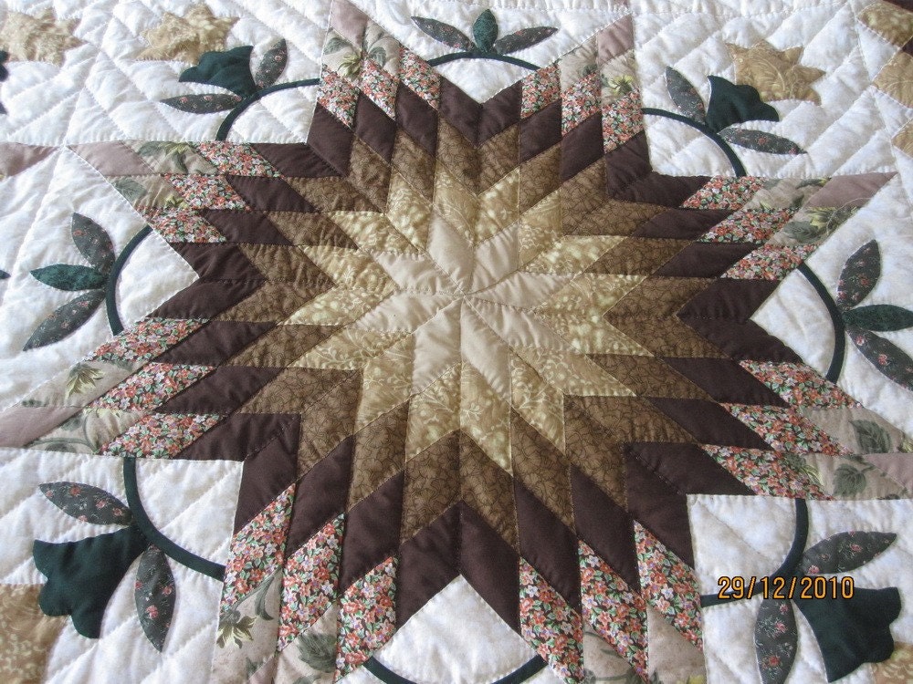 Sales.. Sales.. Sales..Handmade Quilt from Thailand, Beige-Gold Star Quilt, Room Deco, Gift