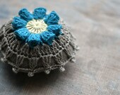 Linen  pincushion - crochet motif