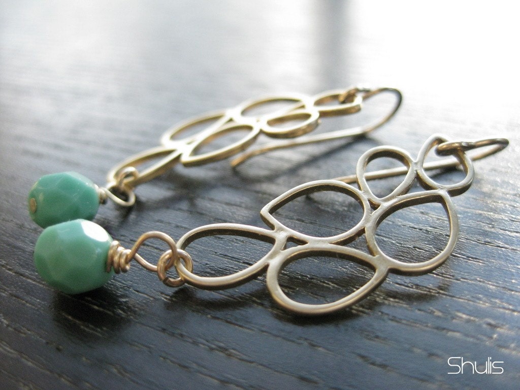 Drops Shaped Gold Dangle Earrings With Opaque Turquoise Beads