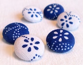 Fabric Buttons - Hungarian Blue Dying Flowers In Blue and White - 6 Small Fabric Covered Buttons
