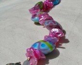 Bright Pink Bracelet - Colorful Lampwork and Pink Kashi Pearl Petals