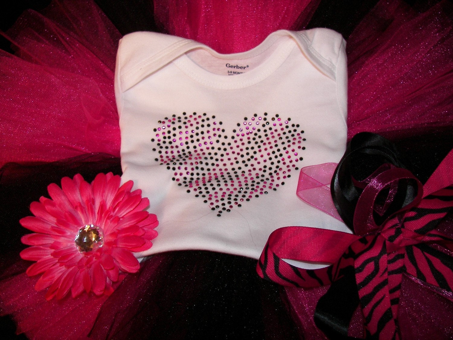 Hot Pink Zebra Heartbreaker Tutu Set- Custom BLING Heart Shirt-Free Jeweled Flower Headband--