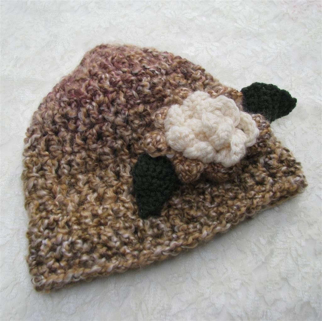 Crochet Hat with Detachable Flower - Rustic Soft Multicolor Earth Tones