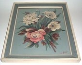 Vintage Art Print de Jonge Soft Slate and Rose Peonies 1940s in Original Frame