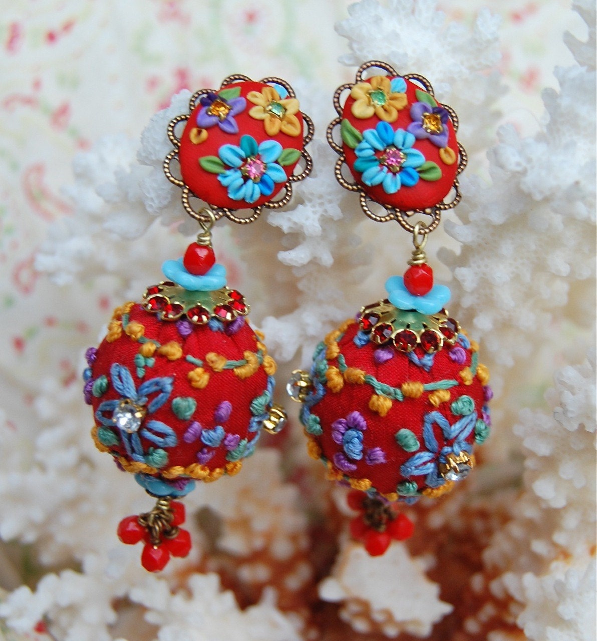 Lilygrace Embroidered Red, Yellow and Blue Carnival Ball Earrings with Vintage Rhinestones and Vintage Beads