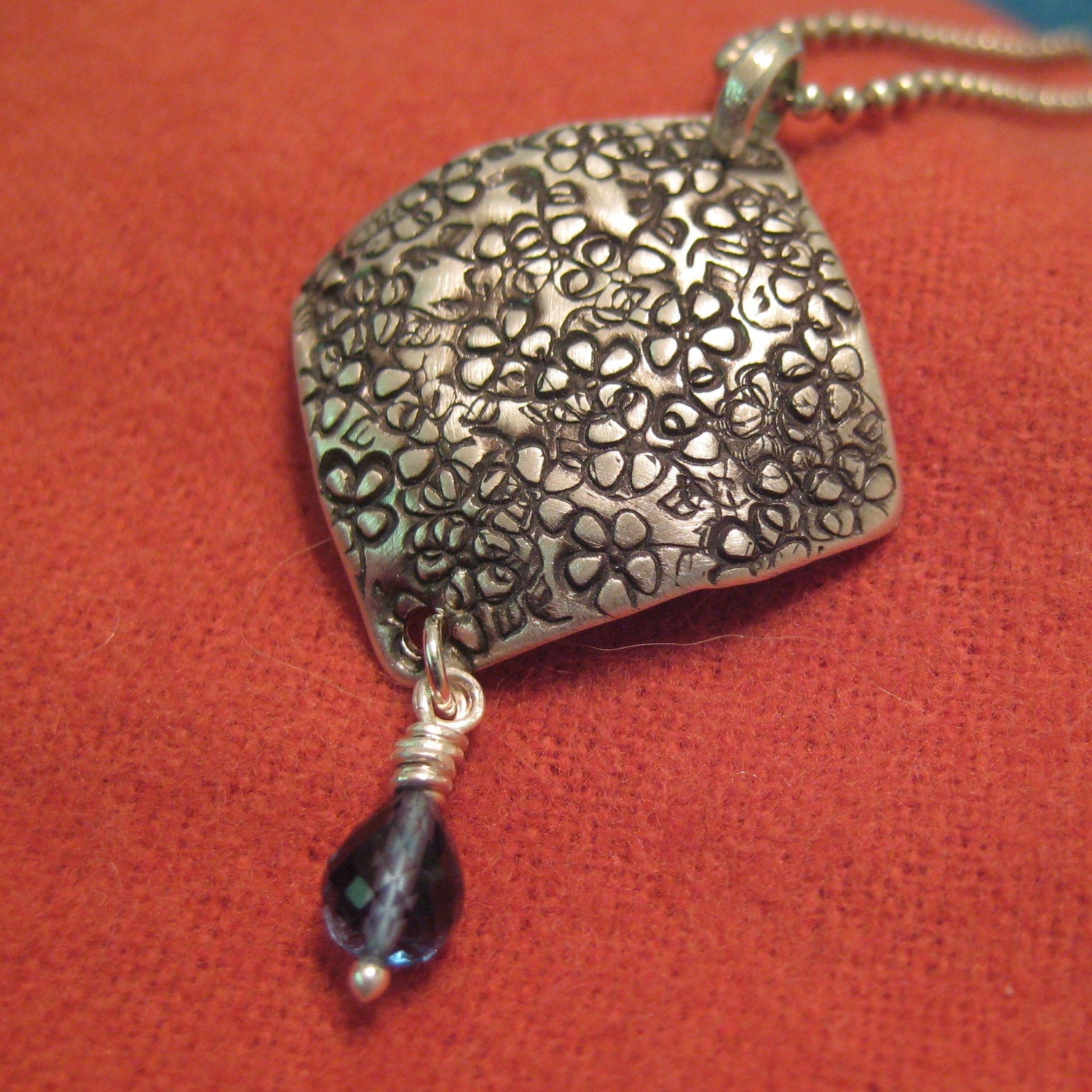 London Blue Topaz Necklace Sterling Silver Stamped Flower Pendant Something Blue Wedding Necklace OOAK JJDLJewelryArt