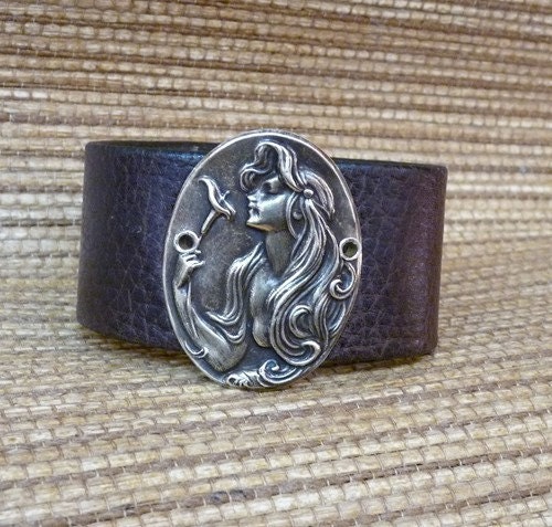 Dark brown leather cuff bracelet with Art Nouveau, Victorian Lady