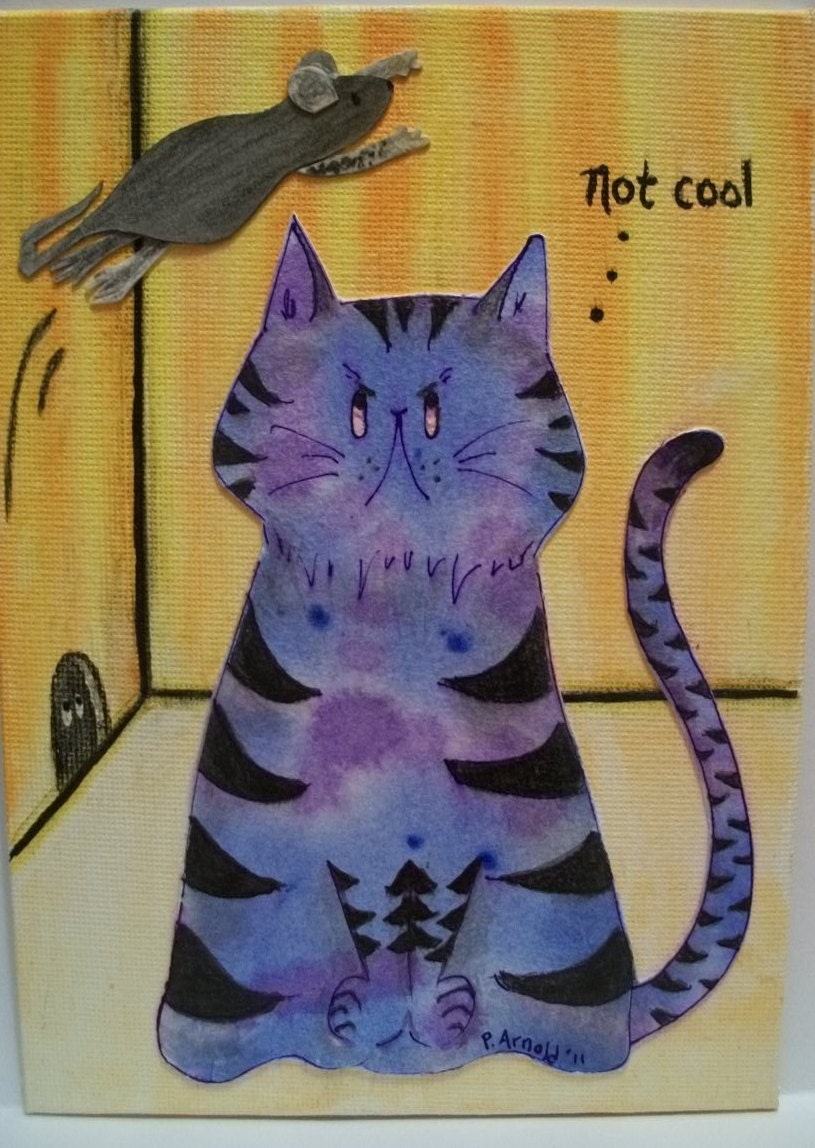 Cat Collage Original Mixed Media Cat and Flying Mouse  5 x 7