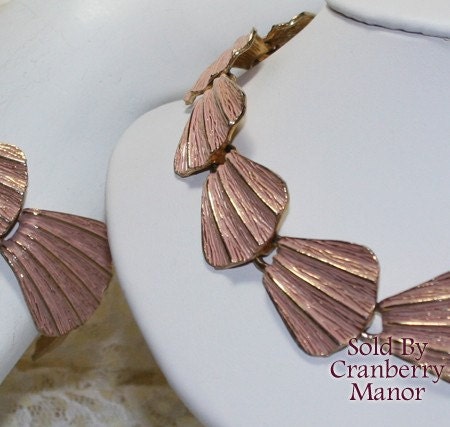 Vintage Pink Shell Enameled Beach Necklace & Bracelet
