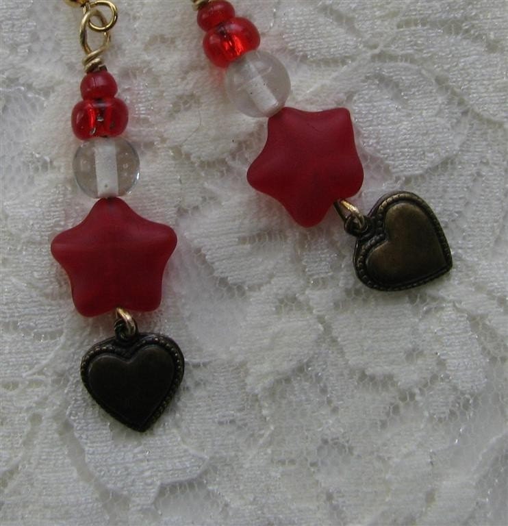 Brass Hearts and Red Glass Bead Earrings