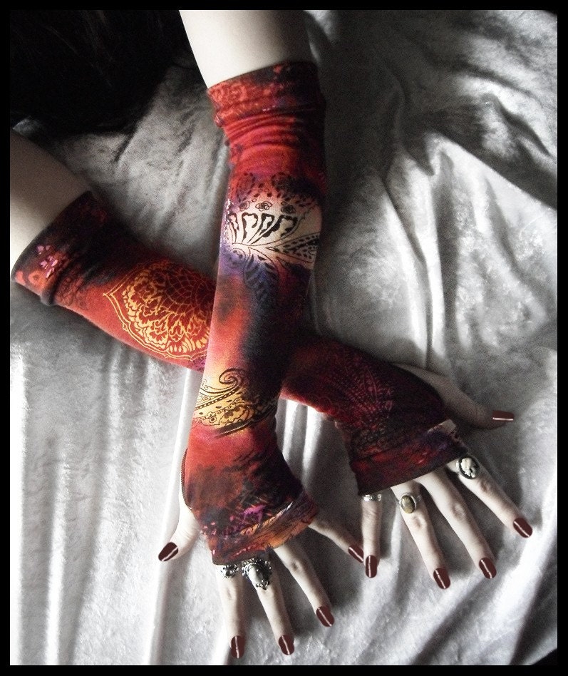 Moroccan Midnight Magic Arm Warmers - Burgundy Plum Indigo Rose Brown Cream Black Mehndi Paisley Floral - Yoga Gothic Dark Tribal Vampire