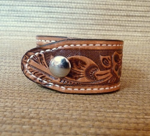 Tan with tooling leather cuff bracelet, recycled, upcycled. Flowers. Feminine