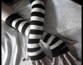 Coma White Arm Warmers - Black & White Striped Cotton - Belly Dance Bellydance Chic Classic Emo Vampire Gypsy Romantic Yoga Light Hooping