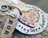 rustic hand stamped personalized mothers  heart necklace... shabby chic sterling silver necklace...