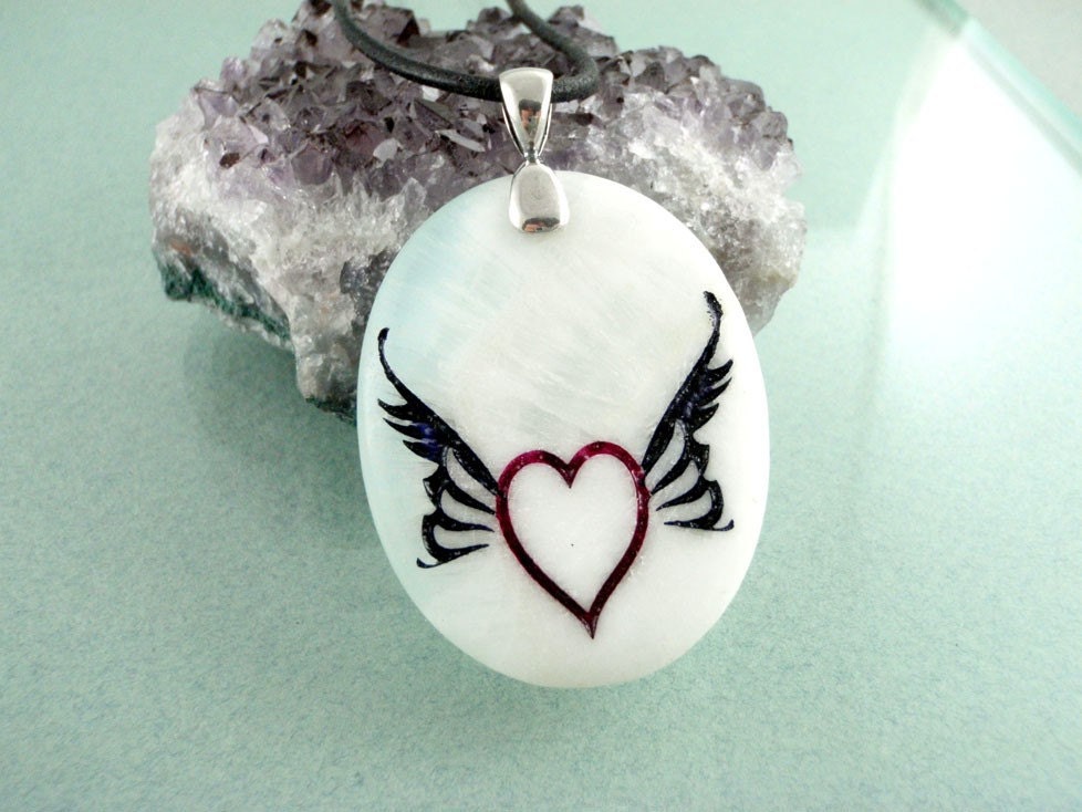 Winged Heart - Hemimorphite - Engraved Stone Pendant