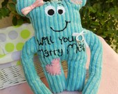 Will You MARRY ME Cookie Nummie Plush Monster in turquoise with hidden message and ring holder