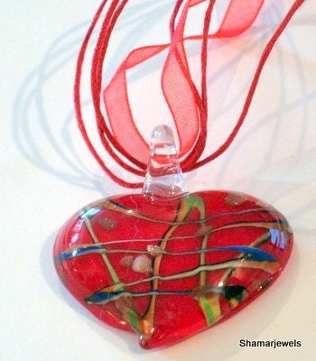 Red Denim Blue Zigzag Murano Italian Glass Heart Pendant with Ribbon