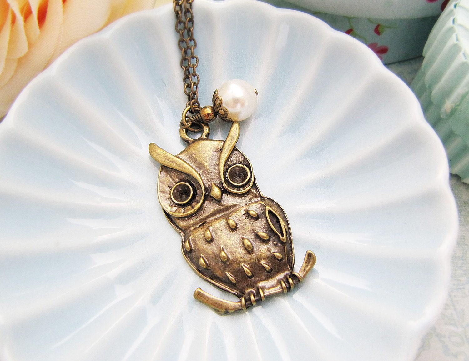 A Wise Owl - Antique bronze Big Owl charm with Swarovski Pearl Necklace