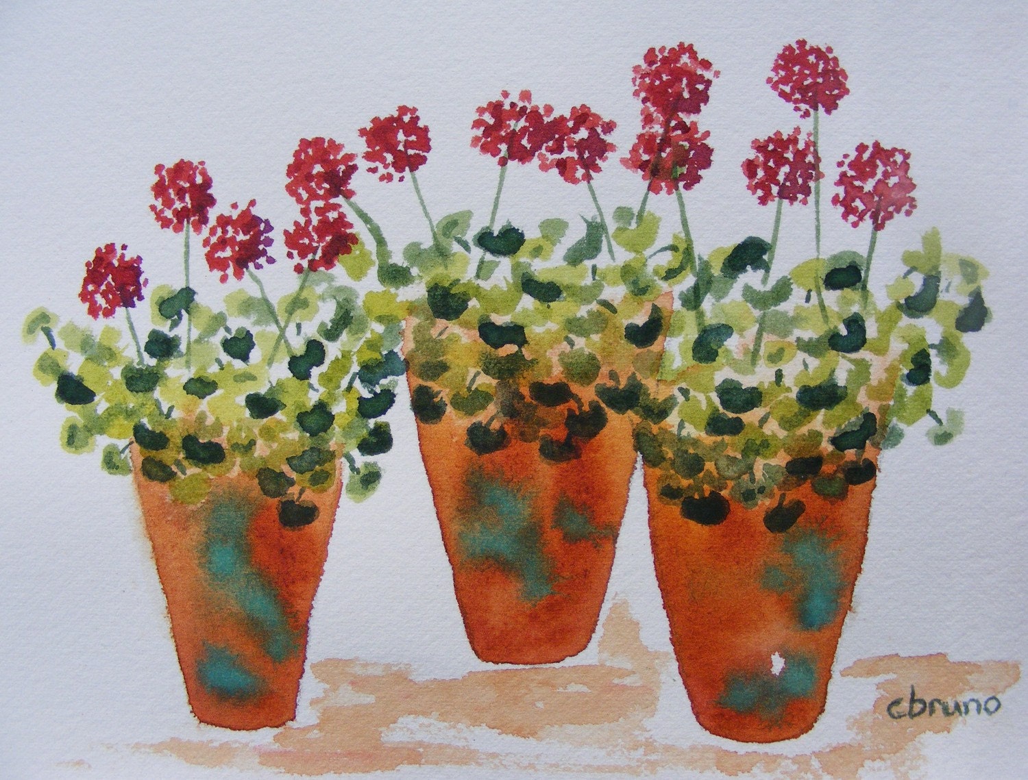 Terra Cotta Blooms-Small Original Watercolor Painting of Geraniums