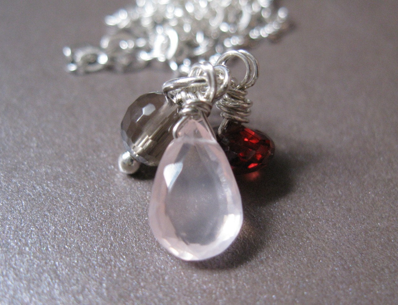 Rose Quartz, Garnet, Smoky Quartz Silver Necklace