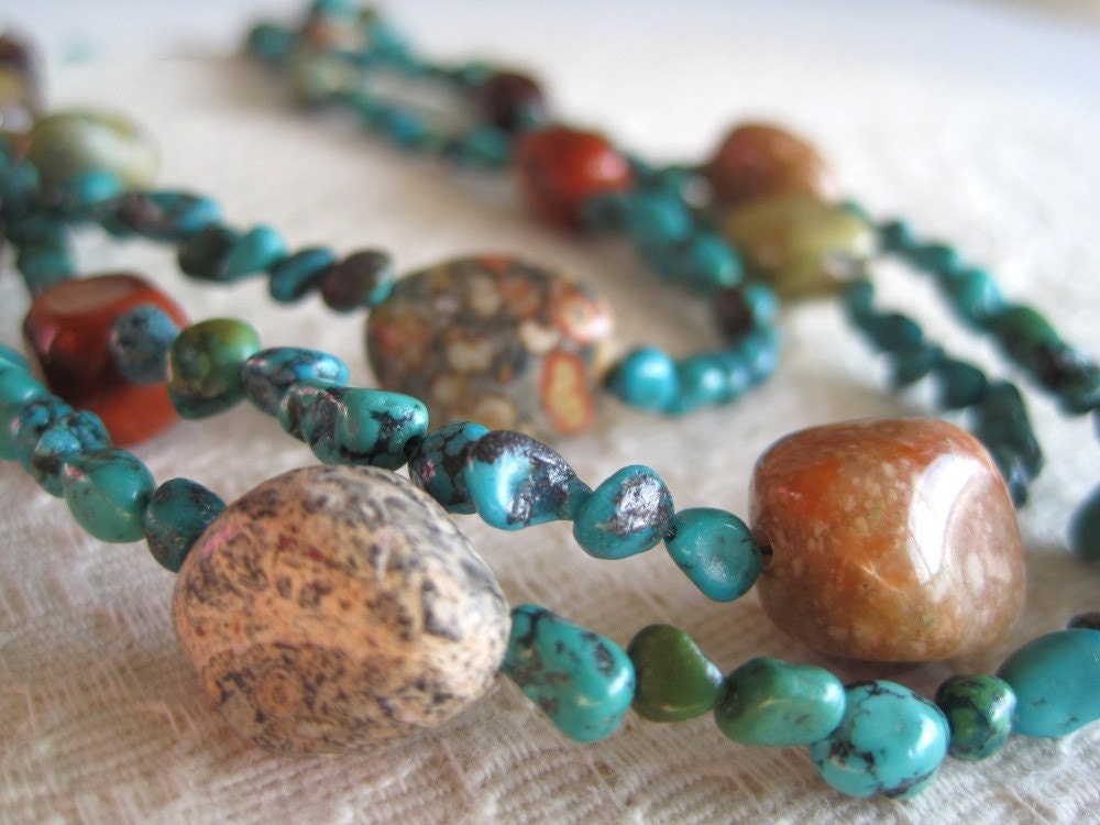 Multiple Strand Southwest Necklace Turquoise Chunky Agate Jasper