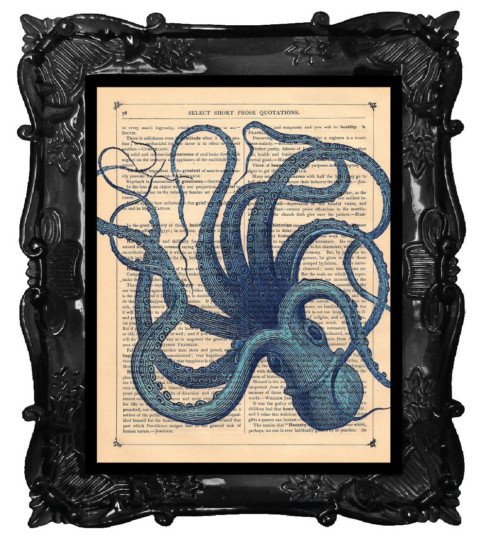 Squiggly Blue Octopus Vintage Art Print