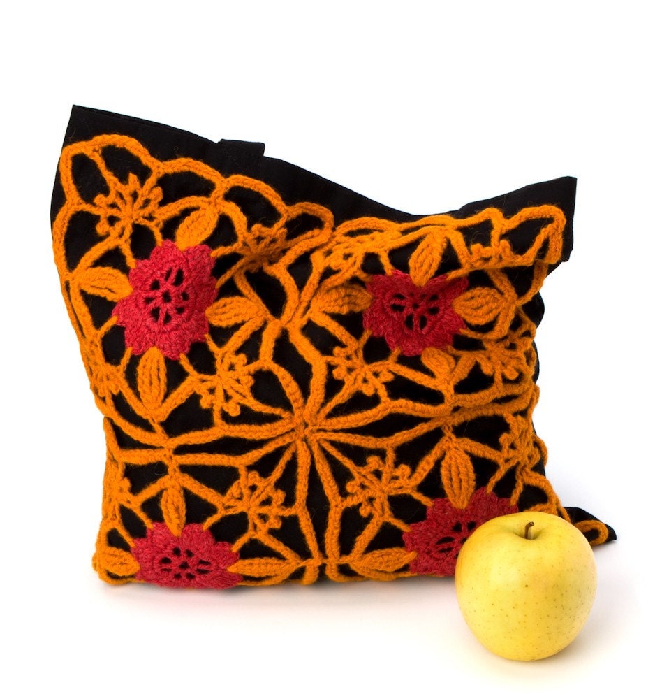 Hand made black cotton tote bag with yellow orange red crocheted wool flower applique (Golden Yarn)