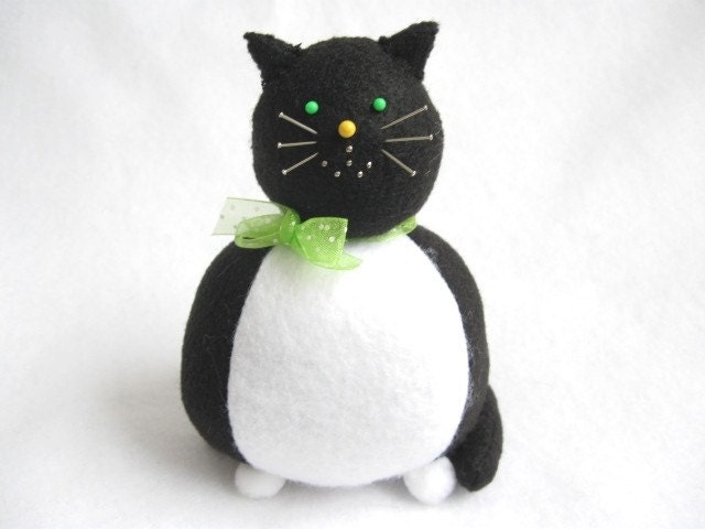 Black and White Cat Pincushion Luke Green Bow...MADE-TO-ORDER...