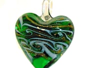 Green and White Gold Foil Glass Lampwork Heart Pendant