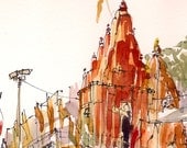 Travel Art Watercolor, Orange Temple, Varanasi, India, Study in warm colors: red, orange and terracotta, A sketch - 8x10 print - SketchAway