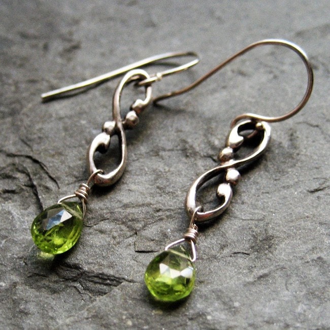 Peridot briolette earrings - recycled sterling silver - apple green -august birthstone - ready to ship - Wrought Swirl