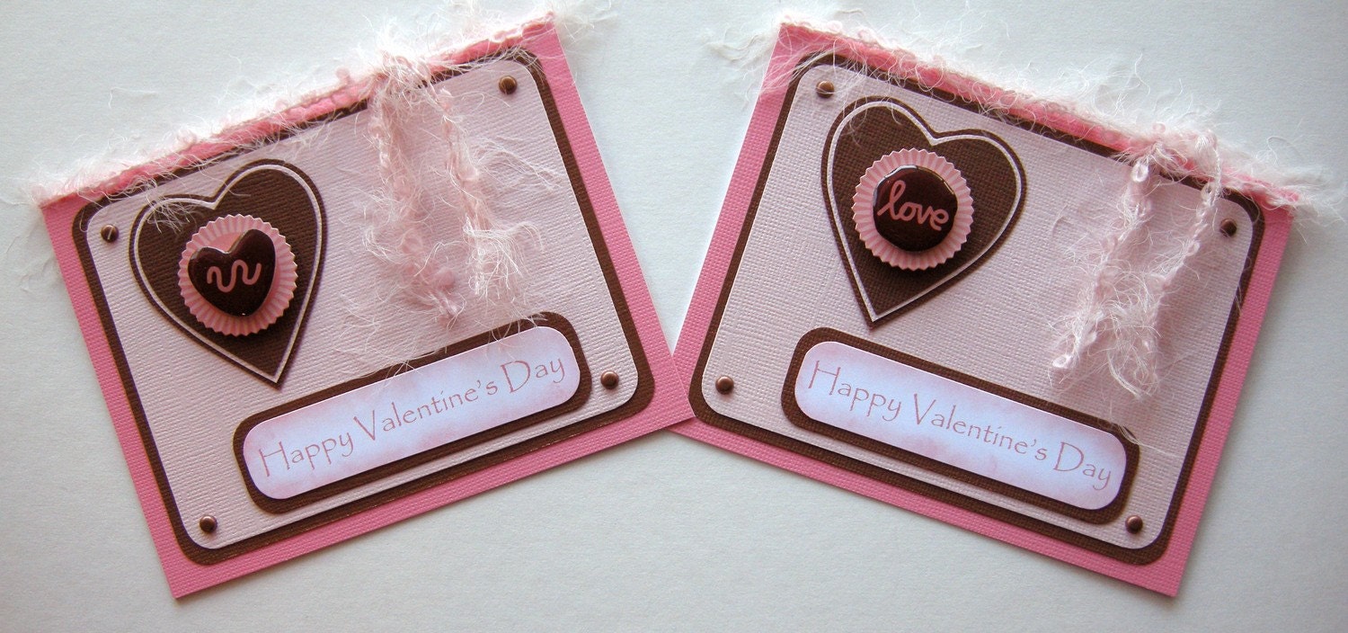 TWO Handmade Valentine Cards, Pink and Brown