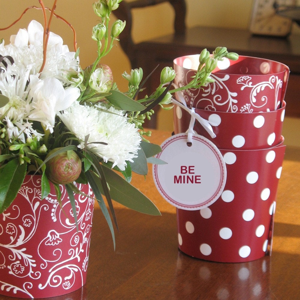 3 Red flower Vases for Valentines Day Centerpieces, Bridal Showers, Birthdays and Weddings