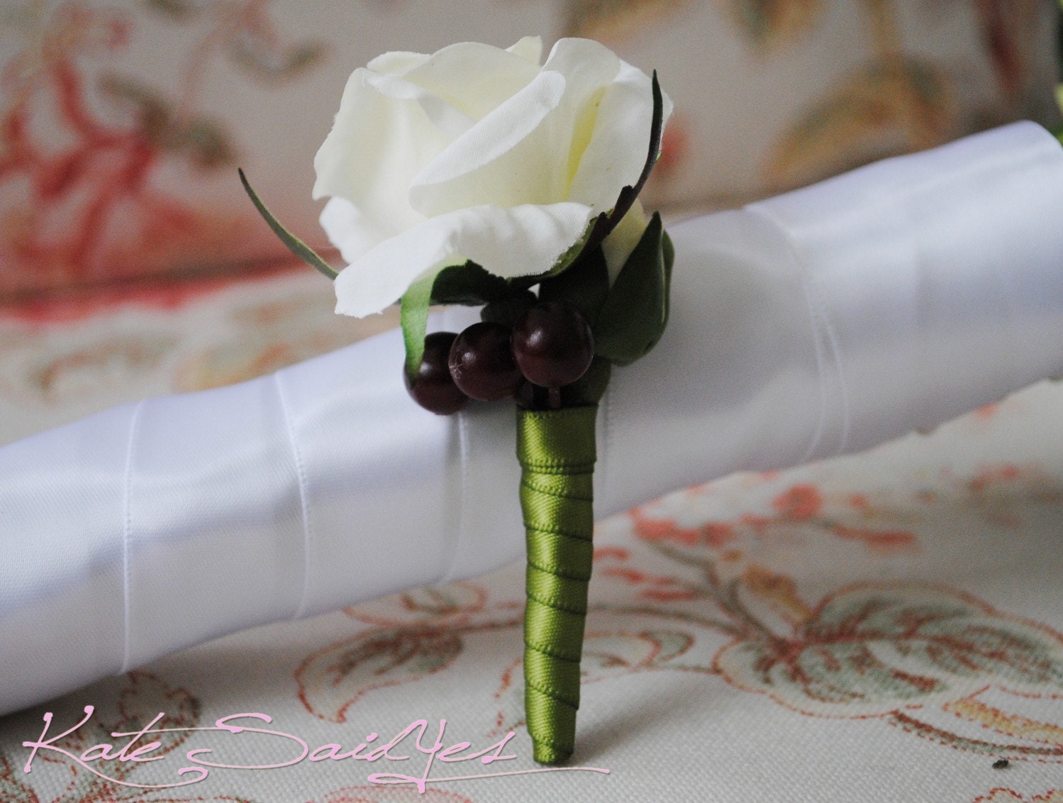 Moss Green Rose Silk Boutonniere - Rustic Wedding Boutonniere