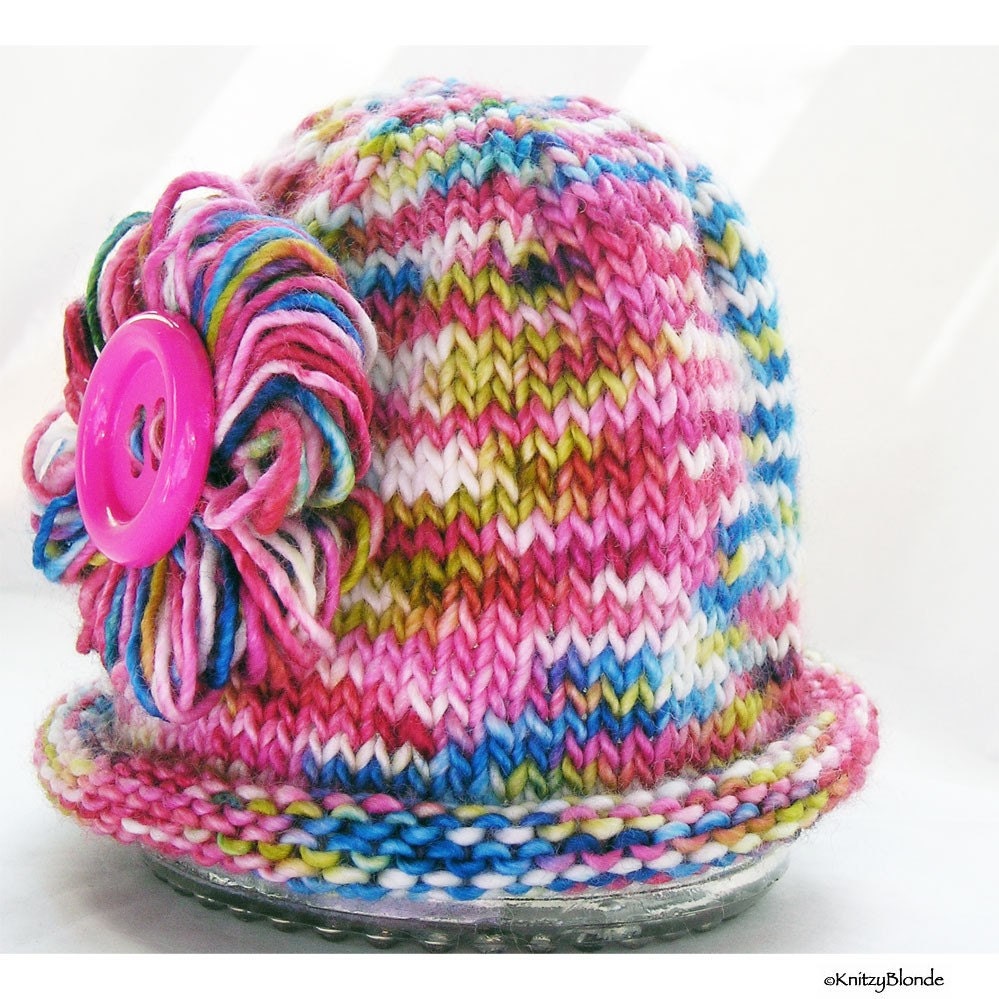 Photo Prop Baby Hat, Hand Knit Hand Dyed Premium Merino Wool, Loopy Flower Big Button, Bright Multi Color Fuchsia Pink