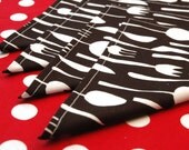 Cloth Napkins 9 inch Set of 4 Lunchbox Cocktail Child Toddler Everyday in Metro Cafe by Robert Kaufman Forks Spoons Knifes in Black
