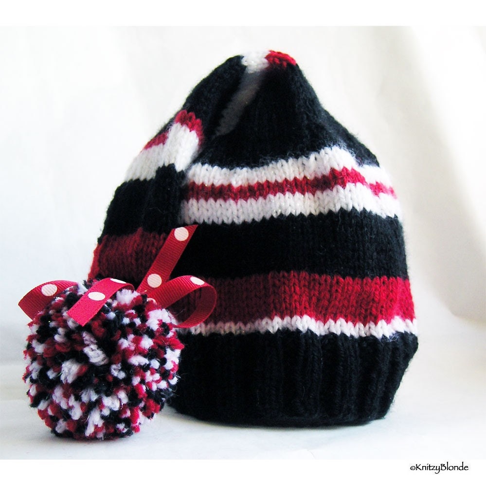 Baby Elf Hat, Photo Prop Black Red White, CUSTOM Hand Knit You Choose Size
