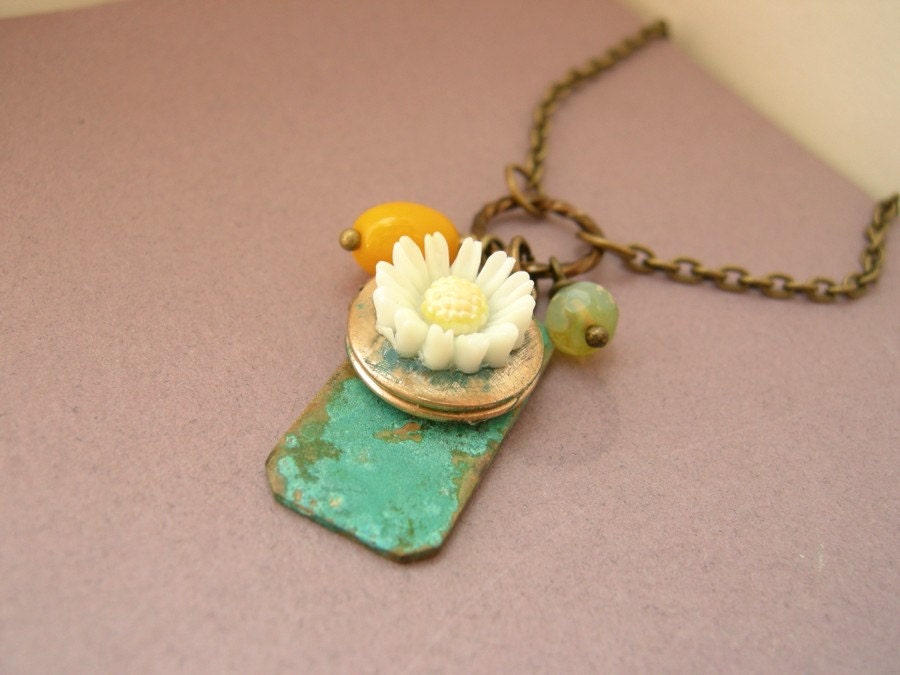 Patina Tag and Locket Necklace - Verdigris Spring.