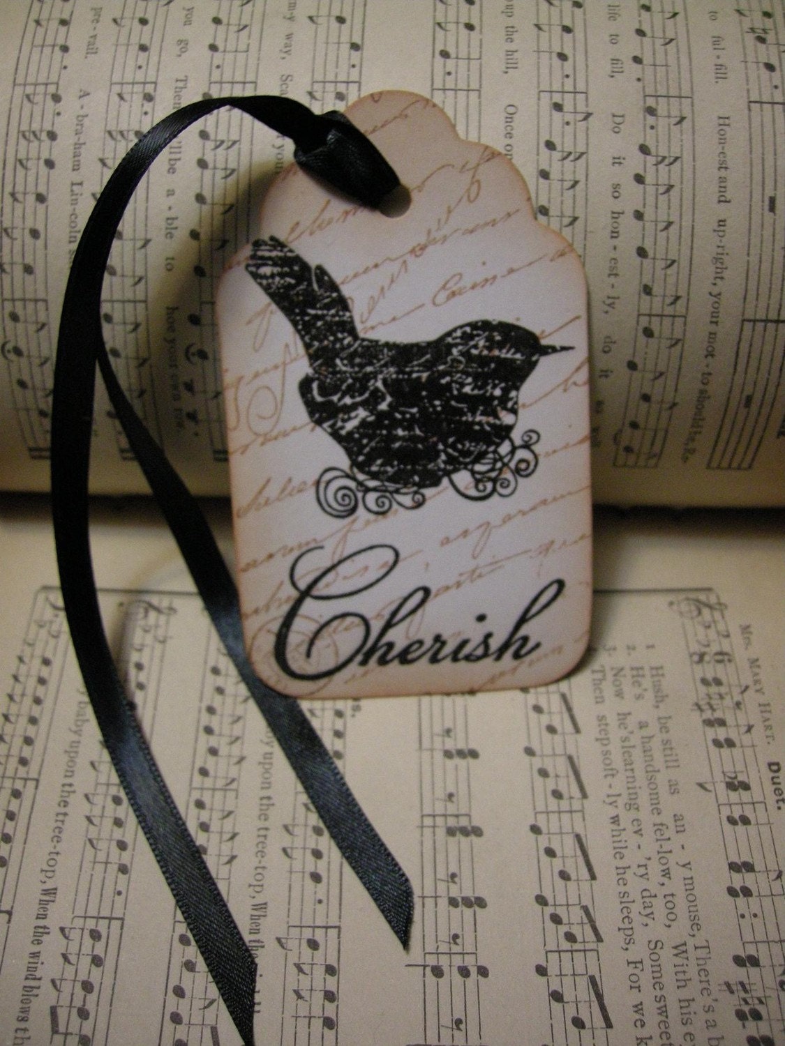DARK LOVE - Gothic, Vintage, French, Poe style "cherish" gift tag with black bird hang tag, ephemera, bookmark tag X6