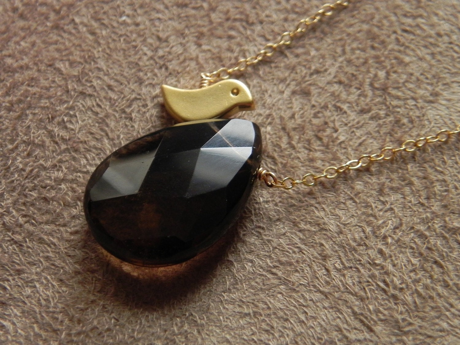 SALE  Little Golden Bird Necklace with Smokey Quartz on Gold Filled Chain  SALE