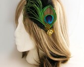 Peacock feather fascinator - TARI Design in BLACK made of peacock and layers of black feathers - CHOOSE headband, hair clip, or comb
