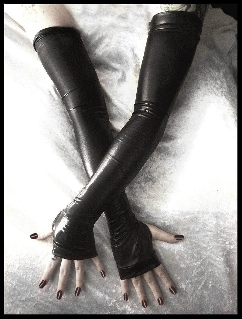 Aria Sanguine Wet Look Extra Long Arm Warmers - Black - Fetish Gothic Vampire Cyber Lolita Bondage Dark Tribal Bellydance Opera Glam Goth